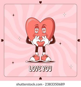 Retro lovely cartoon heart poster. Cute Groovy Character heart. Happy Valentines Day. Trendy retro 60s 70s style. Flyer, card, print. Red, pink colors. Vector illustration