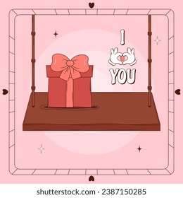 Retro lovely cartoon heart poster. Cute Groovy swing, gift box. Happy Valentines Day. Trendy retro 60s 70s style. Flyer, card, print. Red, pink colors. Vector illustration