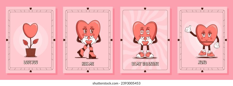 Retro lovely cartoon heart set of poster. Cute Groovy card, postcard, print. Happy Valentines Day. Trendy retro 60s 70s style. Red, pink colors. Vector illustration