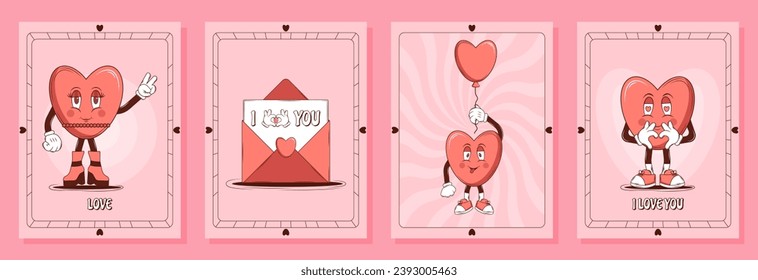 Retro lovely cartoon heart set of poster. Cute Groovy card, postcard, print. Happy Valentines Day. Trendy retro 60s 70s style. Red, pink colors. Vector illustration