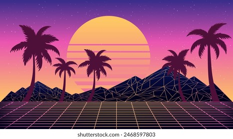 Retro low poly grid landscape with polygonal mountain, palm trees silhouettes and sun, vector illustration. 80s style synthwave landscape with neon grid mountains, palm trees silhouettes and sun.