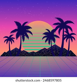 Retro low poly grid landscape with polygonal mountain, palm trees silhouettes and sun, vector illustration. 80s style synthwave landscape with neon grid mountains, palm trees silhouettes and sun.