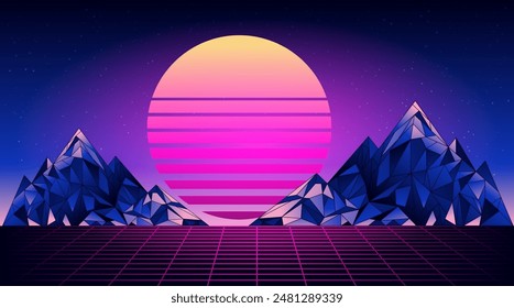 Retro low poly grid landscape with polygonal mountain and sun, vector illustration. 80s style synthwave landscape with neon grid mountains and sun over arcade space background.