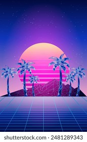 Retro niedrige Poly Grid Landschaft mit polygonalen Bergen, Palmen und Sonne, Vektorillustration. Synthwave-Landschaft im Stil der 80er Jahre mit Neongitter-Bergen, Palmen und Sonne über Arkaden-Raum-Hintergrund.