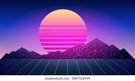 Retro low poly grid landscape with polygonal mountain and sun, vector illustration. 80s style synthwave landscape with neon grid mountains and sun over arcade space background.