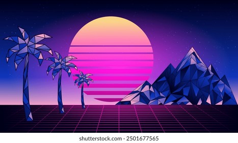 Retro low poly grid landscape with polygonal mountain, palm trees and sun, vector illustration. 80s style synthwave landscape with neon grid mountains, palm trees and sun over arcade space background.