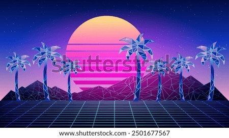 Retro low poly grid landscape with polygonal mountain, palm trees and sun, vector illustration. 80s style synthwave landscape with neon grid mountains, palm trees and sun over arcade space background.