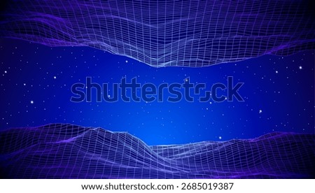 Retro low poly grid landscape with polygonal mountain, palm trees silhouettes and sun, vector illustration. 80s style synthwave landscape with neon grid mountains, palm trees silhouettes and sun.
