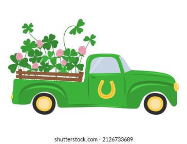 Retro Lucky Truck with clover leaves and flowers, Lucky Clover. Happy St. Patrick’s Day.