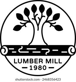 Retro Lumber Mill Log Processing Factory Logo concept, forest farming Company vector icon design, timber and lumber Symbol, Forestry and Deforestation Signag, forest farming and woodlands illustration