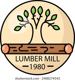 Retro Lumber Mill Log Processing Factory Logo concept,mill yard Company vector outline design, timber and lumber Symbol, forest Deforestation products Signag,mill yard saw works illustration