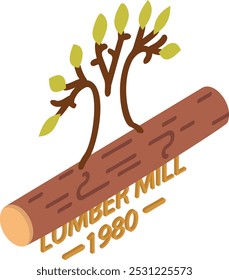 Logotipo de fábrica de processamento de madeira retro Lumber Mill Logotipo isométrico conceito, quintal de moinho Projeto de ícone vetorial da empresa, madeira e símbolo de madeira, produtos de desflorestamento florestal Assinatura, quintal de moinho e serragem ilustração