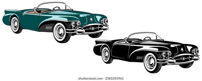 Retro Luxury Car Cabriolet. Color and silhouette vector cliparts isolated on white.