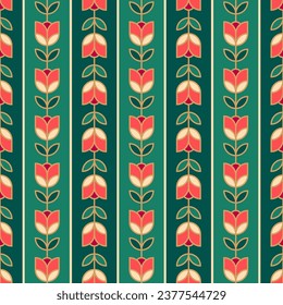 Retro luxury geometric flower and leaf seamless pattern background.