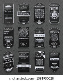 Retro luxury labels set in black and white color isolated on gray background with pattern realistic vector illustration