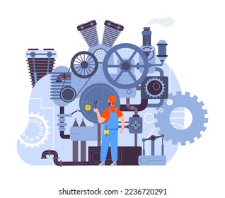 Retro machines assembly. Man assembling steam energy machine, antique industrial factory workflow, history time device manufacturing valve funnel pipe vector illustration of internal combustion engine