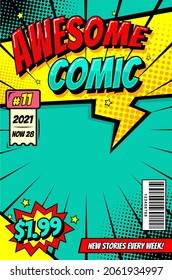 Retro magazine cover. Vintage comic book vector template. Book cover for comic cartoon magazine page illustration