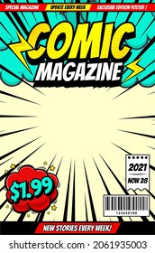 Retro magazine cover. Vintage comic book vector template. Book cover for comic cartoon magazine page illustration