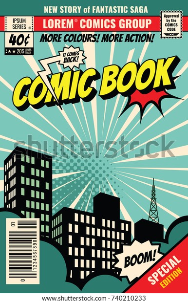 Retro magazine\
cover. Vintage comic book vector template. Book cover for comic\
cartoon magazine page\
illustration