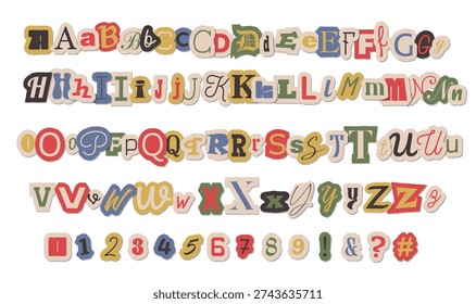 Retro magazine cutout letters vector collection. Colorful paper alphabet elements in trendy pop art collage style. Vibrant typographic font set for Y2K posters, scrapbooking, quotes and social media.