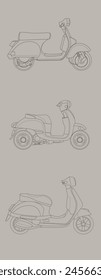 Retro magic of movement: a collection of vector mock-ups of vintage mopeds brought to life by lines. Immerse yourself in the style of the past with individual images to inspire your design.