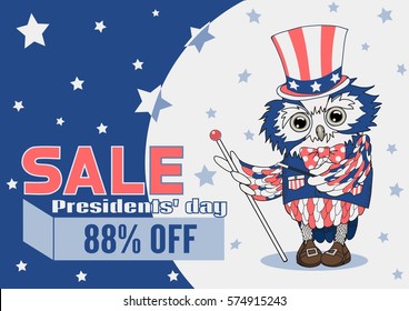 Retro Magician Owl in Uncle Sam's vest, top hat, and a bow-tie, points with a wand to Presidents day SALE text box, deep blue background with stars, old aged desaturated poster, vintage banner or card