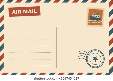 Tarjeta de correo retro con rayas diagonales, un sello falso y líneas punteadas listas para escribir.