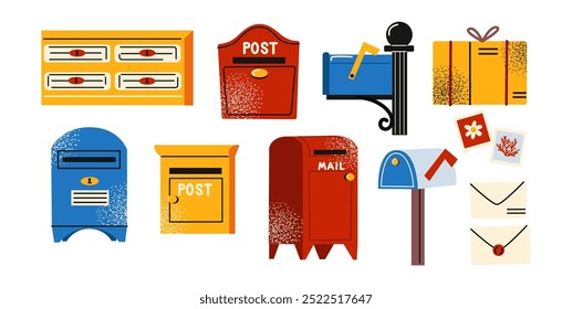 Retro mailbox set. Cartoon doodle mailboxes for sending and receiving letters. Envelope delivery service. Vector set of hand drawn stickers