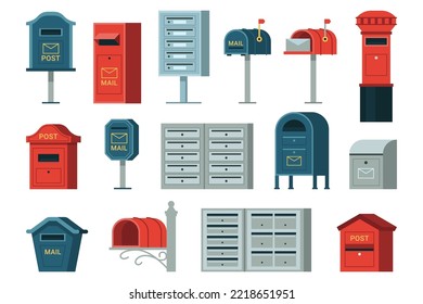 Retro Mailbox Or Vintage Post Box. Letter Boxes For Communication, Mailing Service. Correspondence Service For Postage For Real Estate Or Apartment Buildings. Vector Illustration