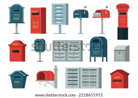 Retro mailbox or vintage post box. Letter boxes for communication, mailing service. Correspondence service for postage for real estate or apartment buildings. Vector illustration
