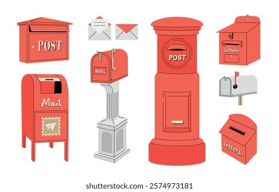 Retro mailboxes vector illustrations set.  Red letterboxes isolated on white. Various vintage postboxes for letters. Public wall letterbox and pedestal mail posts with envelopes.