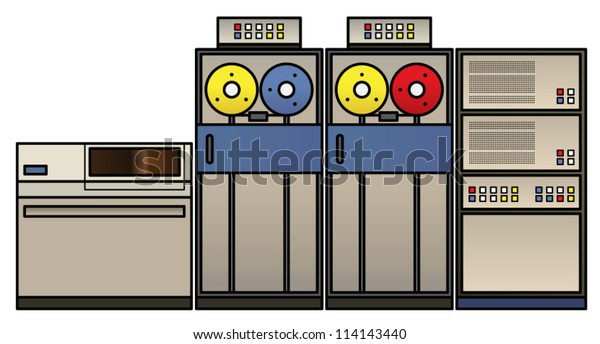 A retro mainframe\
computer setup with a processor cabinet, classic tape drives, and a\
fixed disk drive,