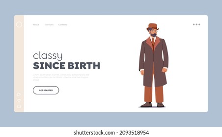 Retro Male Fashion Landing Page Template. Bearded Man of Nineteenth Century. English Victorian Gentleman Wear Vintage Clothing, Elegant Suit, Bowler Hat and Glasses. Cartoon Vector Illustration