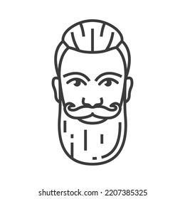 Retro male hair style isolated man head with beard and moustaches monochrome icon. Vector vintage hairstyle, hipster head with old hairdo template, barbershop salon trendy haircut mockup line art