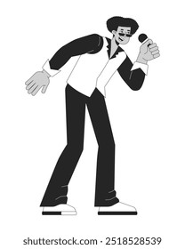 Cantante masculino retro que canta el carácter de línea 2D blanco y negro del micrófono. Funky intérprete de los años 70. Hombre hispano estilo disco que sostiene la persona aislada del contorno del Vector del micrófono. Ilustración de punto monocromático