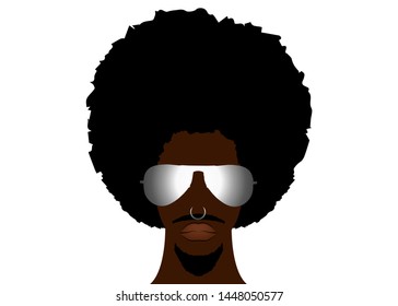 Retro man in 1970s hairstyle. Frizzy, 70's with goatee and piercing. Funky cool african man with afro hairstyle and sunglasses vector illustration isolated or white background 