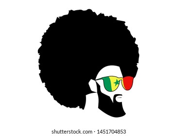 Retro man in 1970s hairstyle. Frizzy, 70's with beard and sunglasses of Senegal flag. Funky cool African man with afro hairstyle and barber concept, vector illustration isolated or white background