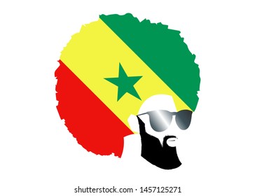 Retro man in 1970s hairstyle. Frizzy, 70's with beard and sunglasses, Senegal flag curly. Funky cool African man with afro hairstyle and barber concept, vector illustration isolated white background