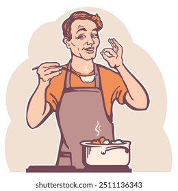 Retro man cooking soup in the kitchen. Smiling man cooks hand drawn vector illustration isolated on white for printable Father's Day or design. 