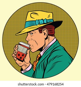 Retro man drinking coffee, pop art comic book illustration