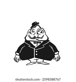 Retro man in gentleman hat, line monochrome vector