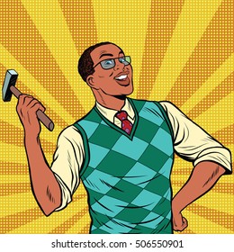 Retro man with a hammer for home repairs, pop art retro comic book vector illustration