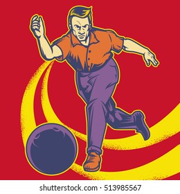 Retro man playing bowling vector illustration. Isolated artwork object. Suitable for and any print media need.