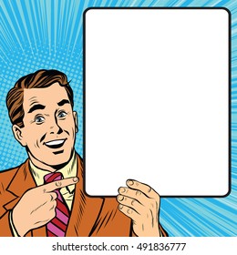 Retro man with a poster art vector. Adult promoter announcement. Businessman advertises