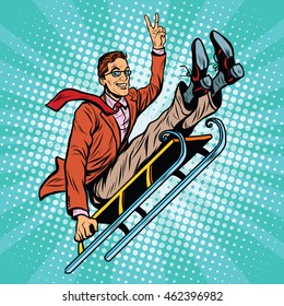 Retro man riding on a sled, pop art retro vector illustration. Winter sports, games and entertainment