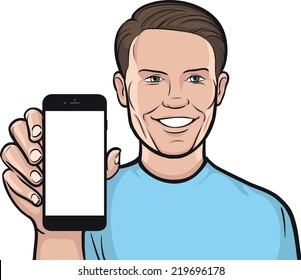 retro man showing a mobile app on a smart phone