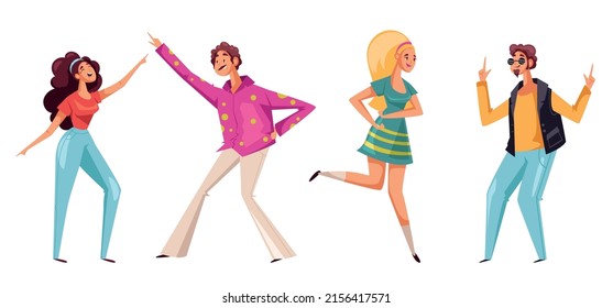 Retro man woman characters disco dancers isolated set. Vector flat cartoon graphic design illustration