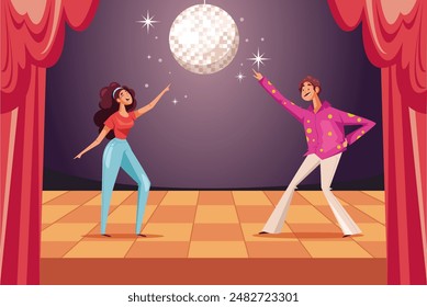 Retro man woman characters disco dancers concept. Vector flat cartoon graphic design illustration