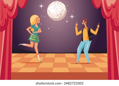 Retro man woman characters disco dancers concept. Vector flat cartoon graphic design illustration