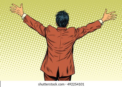 Retro man worth spread wide his arms, back, pop art retro vector illustration